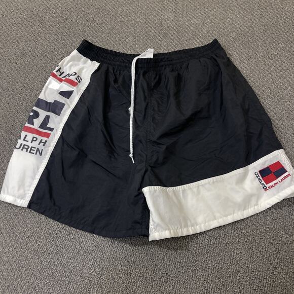 Chaps Ralph Lauren Swim Trunks Mens XL Black White Logo Mesh Lined Spell Out - Picture 1 of 11